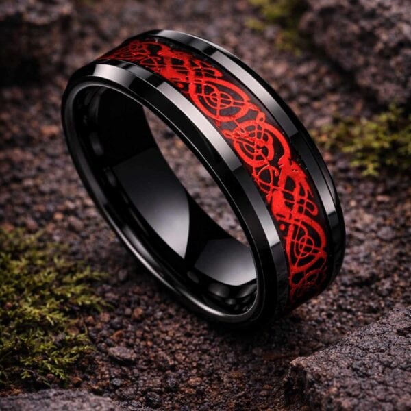 Black tungsten ring with red carbon fibre – male wedding band with custom engraving.