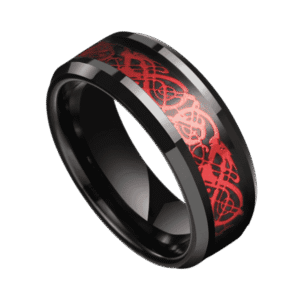 Mens black and red ring with carbon fibre inlay – bold tungsten mens wedding band for him with personalised engraving.