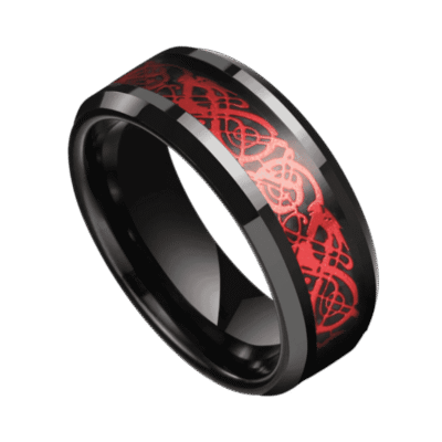 Mens black and red ring with carbon fibre inlay – bold tungsten mens wedding band for him with personalised engraving.