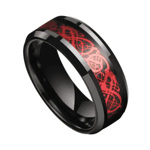 Mens black and red ring with carbon fibre inlay – bold tungsten mens wedding band for him with personalised engraving.