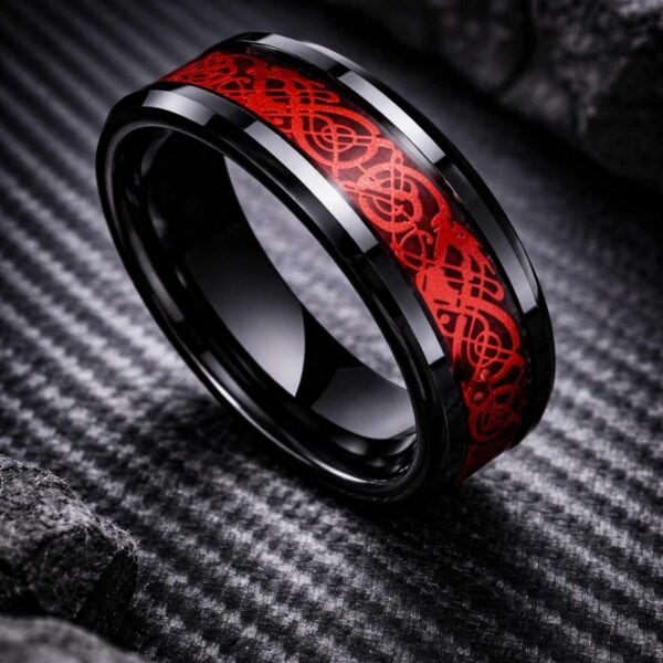 Tungsten and carbon fibre ring for men – black and red wedding or promise band