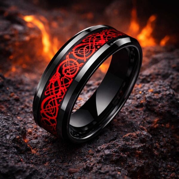 Phoenix black and red ring for men with carbon fibre inlay – personalised tungsten wedding band.
