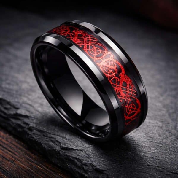 Black tungsten Phoenix ring with red carbon fibre detail – gents statement ring and male wedding band.