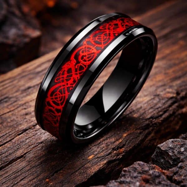 Red mans ring Phoenix design – black tungsten carbon fibre fashion ring for him.