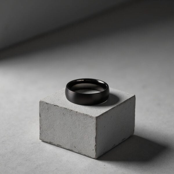 Mans promise ring or a male ring to celebrate a wedding or anniversary. A black titanium ring for men with a brushed finish