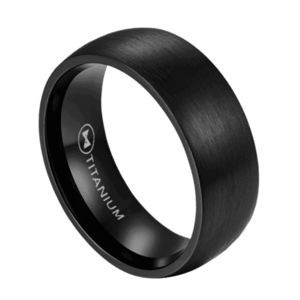 A sleek brushed black mens titanium ring available in 6mm or 8mm width. Male wedding band or fashion ring for gents.