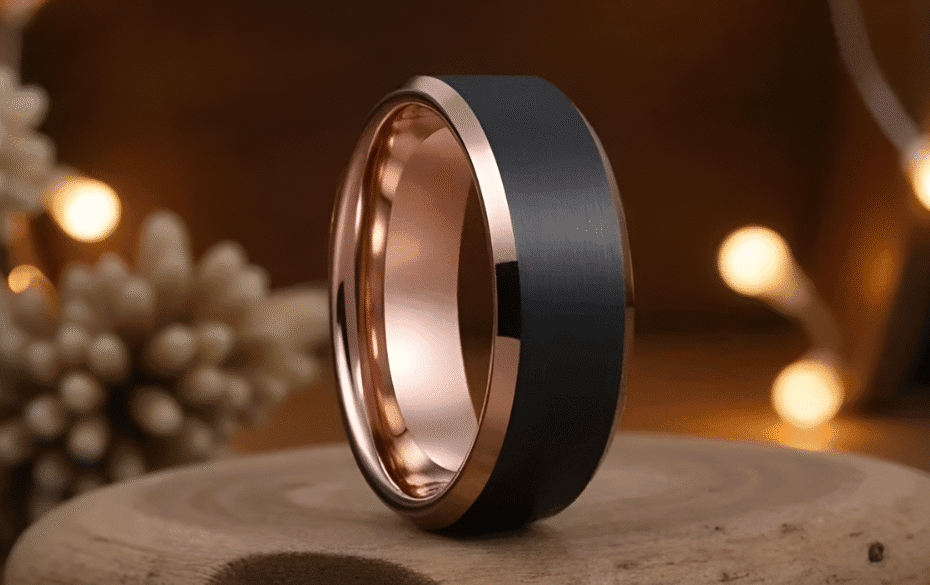 Sleek men's wedding band with black ceramic and rose gold finish showcasing modern, stylish wedding ring designs for special occasions.
