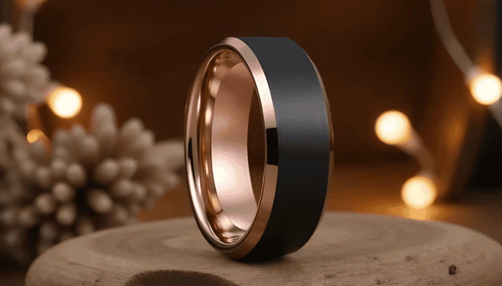 Black Rose men’s tungsten ring with a matte black centre and polished rose gold edges — a striking promise ring combining modern elegance with lasting strength.