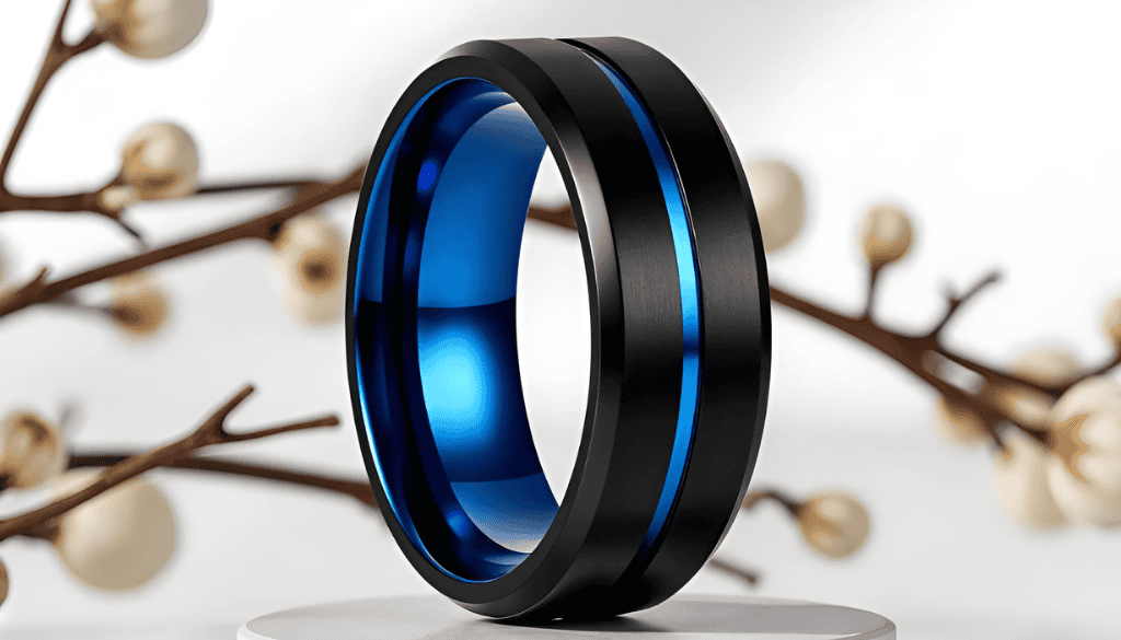 Unswerving men’s titanium eternity ring with a sleek black finish and vibrant blue groove — a bold, lightweight band ideal for weddings, promises, or modern everyday style.