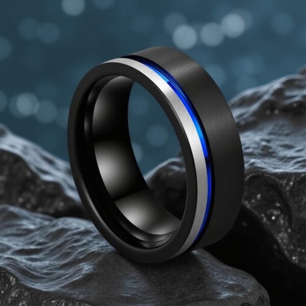 Paramount black, silver and blue ring for men – mens tungsten wedding band with personalised custom ring engraving.