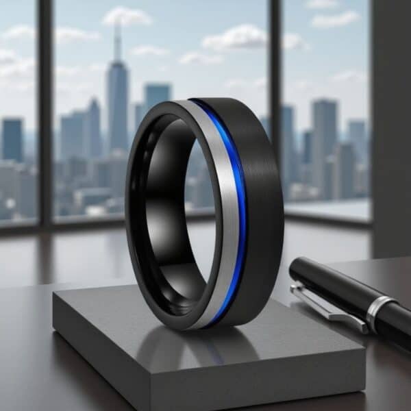 Black silver and blue mens ring Paramount – gents statement ring and wedding band for guys.