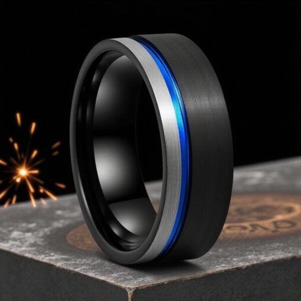 Dual colour ring for men with blue groove – gents wedding band and statement ring for him.