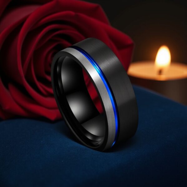 Mens blue ring with innovative design – dual colour tungsten wedding and engagement band for gents.