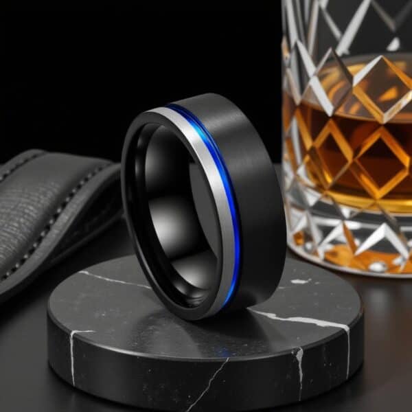 Mens tungsten ring in black, silver and blue – male wedding band with custom engraving.