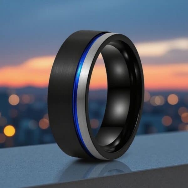 Mens wedding band in black, silver and blue – Paramount mans tungsten engagement or eternity ring.