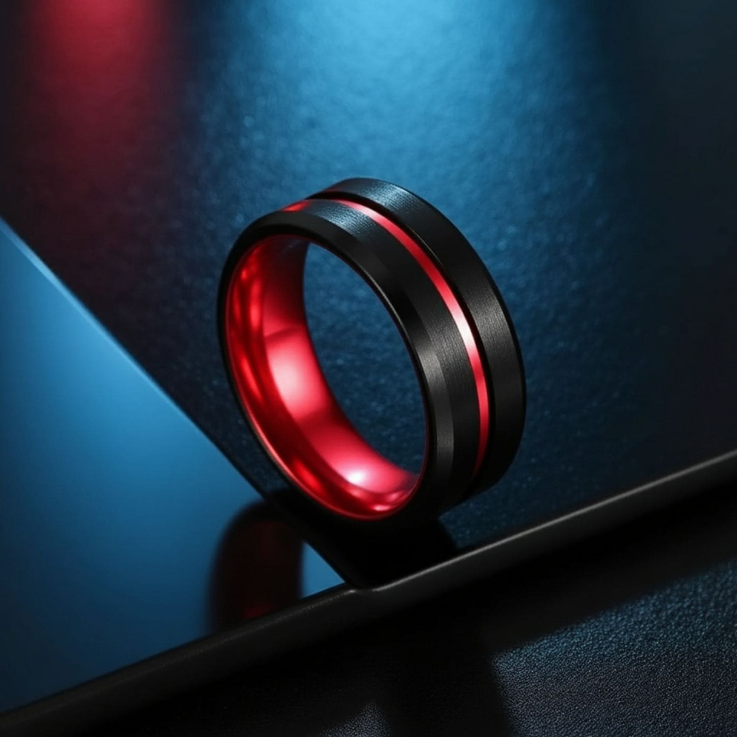 Black and red tungsten ring for him, stylish mens fashion and statement band with engraving.