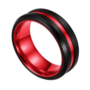 The Enrapture black and red tungsten ring for men featuring a vivid red inlay, bold mens wedding band with personalised engraving.
