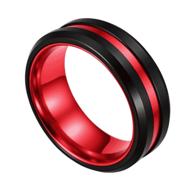 The Enrapture black and red tungsten ring for men featuring a vivid red inlay, bold mens wedding band with personalised engraving.