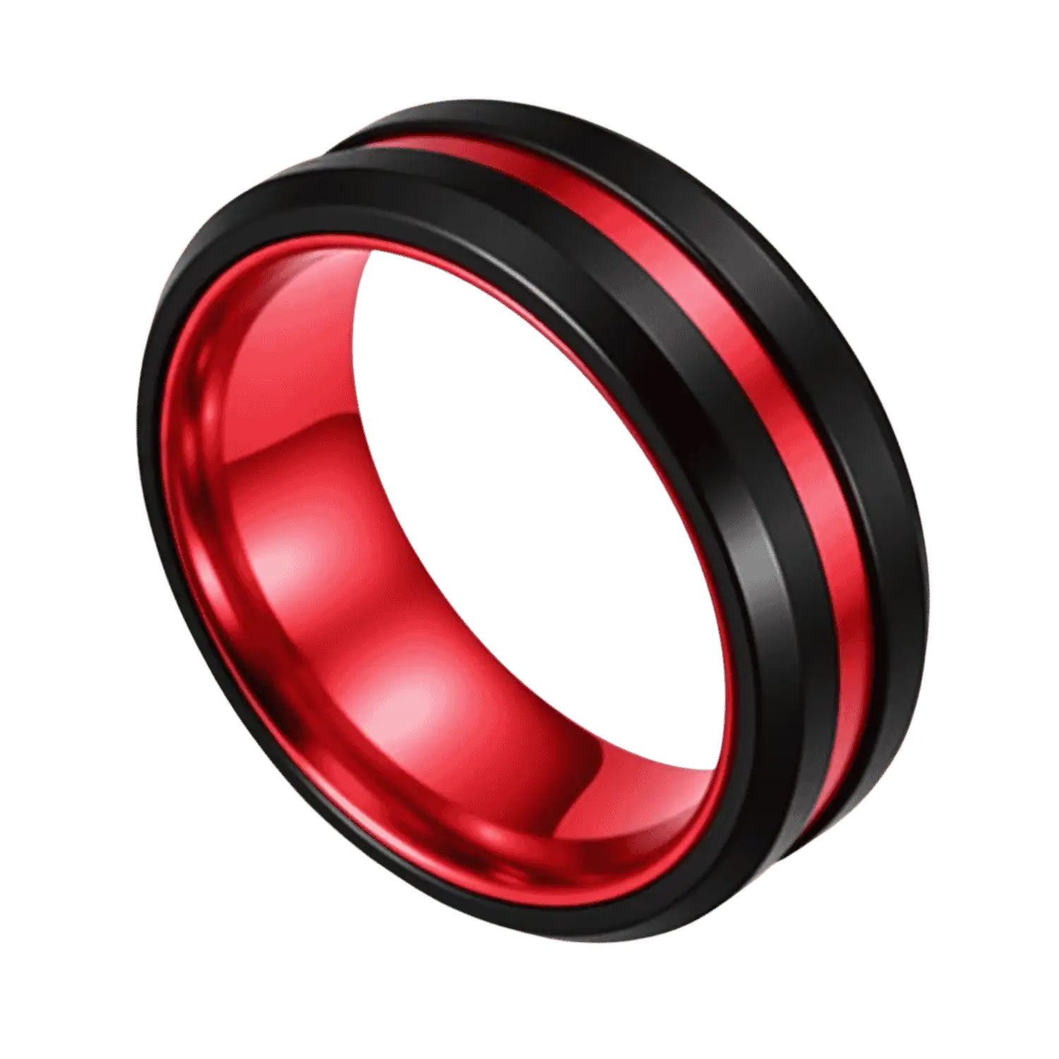 The Enrapture black and red tungsten ring for men featuring a vivid red inlay, bold mens wedding band with personalised engraving.