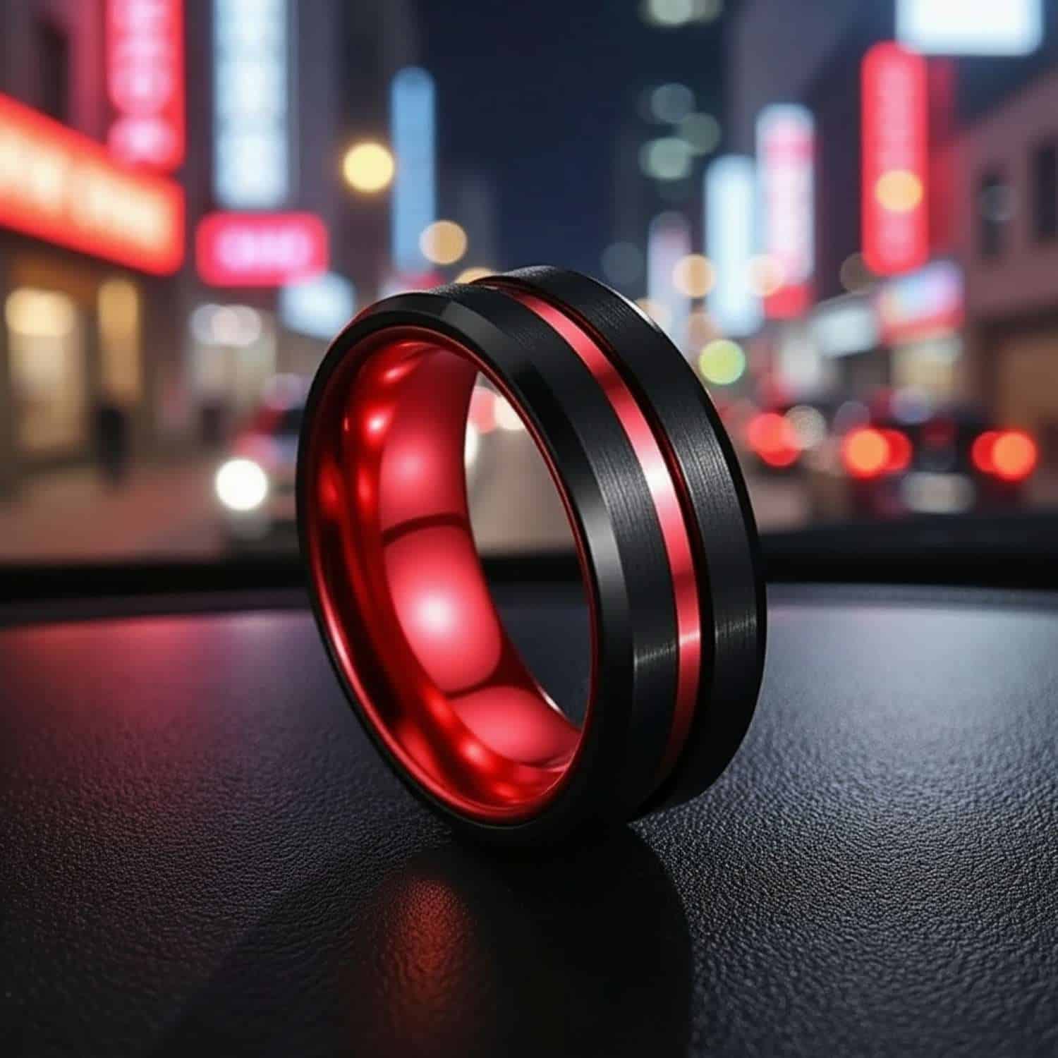 The Enrapture black and red tungsten male ring, stylish mens wedding and anniversary band with custom engraving.