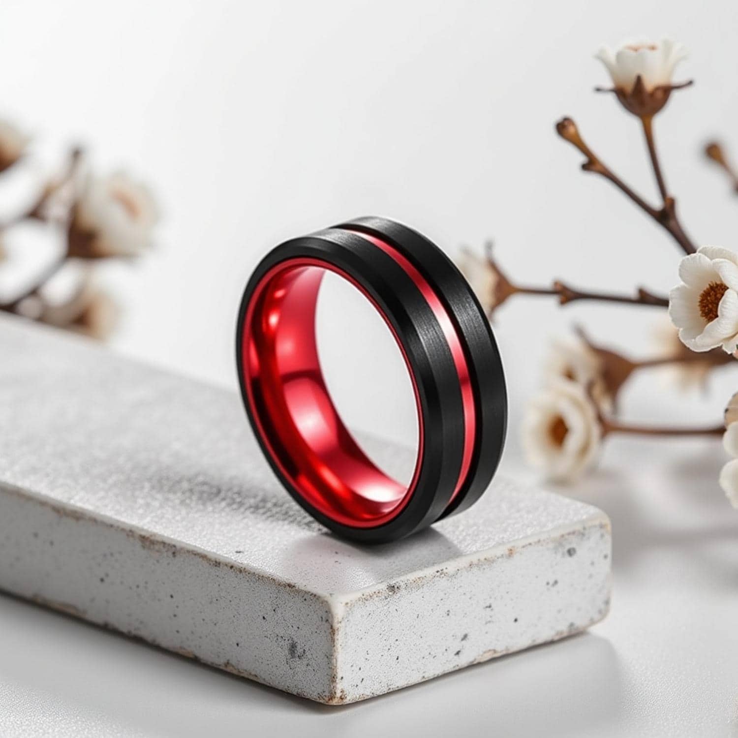 Mens tungsten wedding band in black with red inlay, stylish male engagement ring for him.