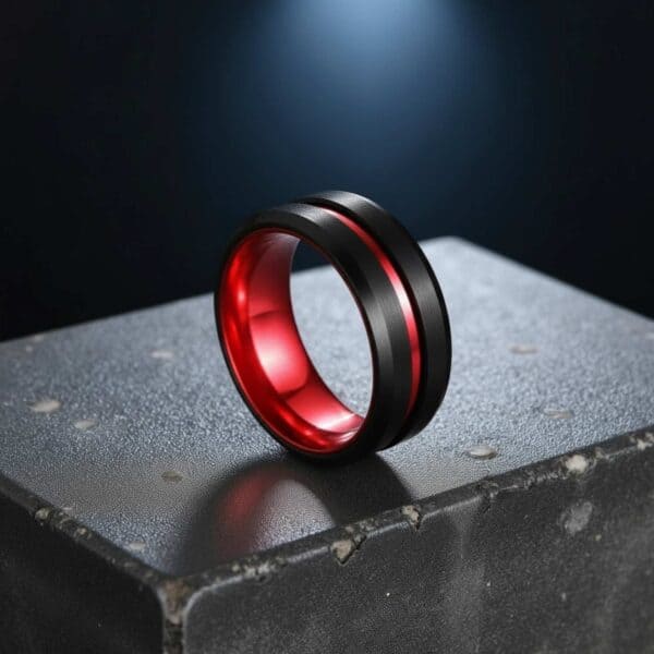 Red and black tungsten ring for men, promise and eternity band with personalised engraving.