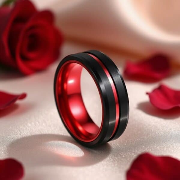 The Enrapture tungsten ring for men in black and red, two-tone eternity and engagement band for gents.