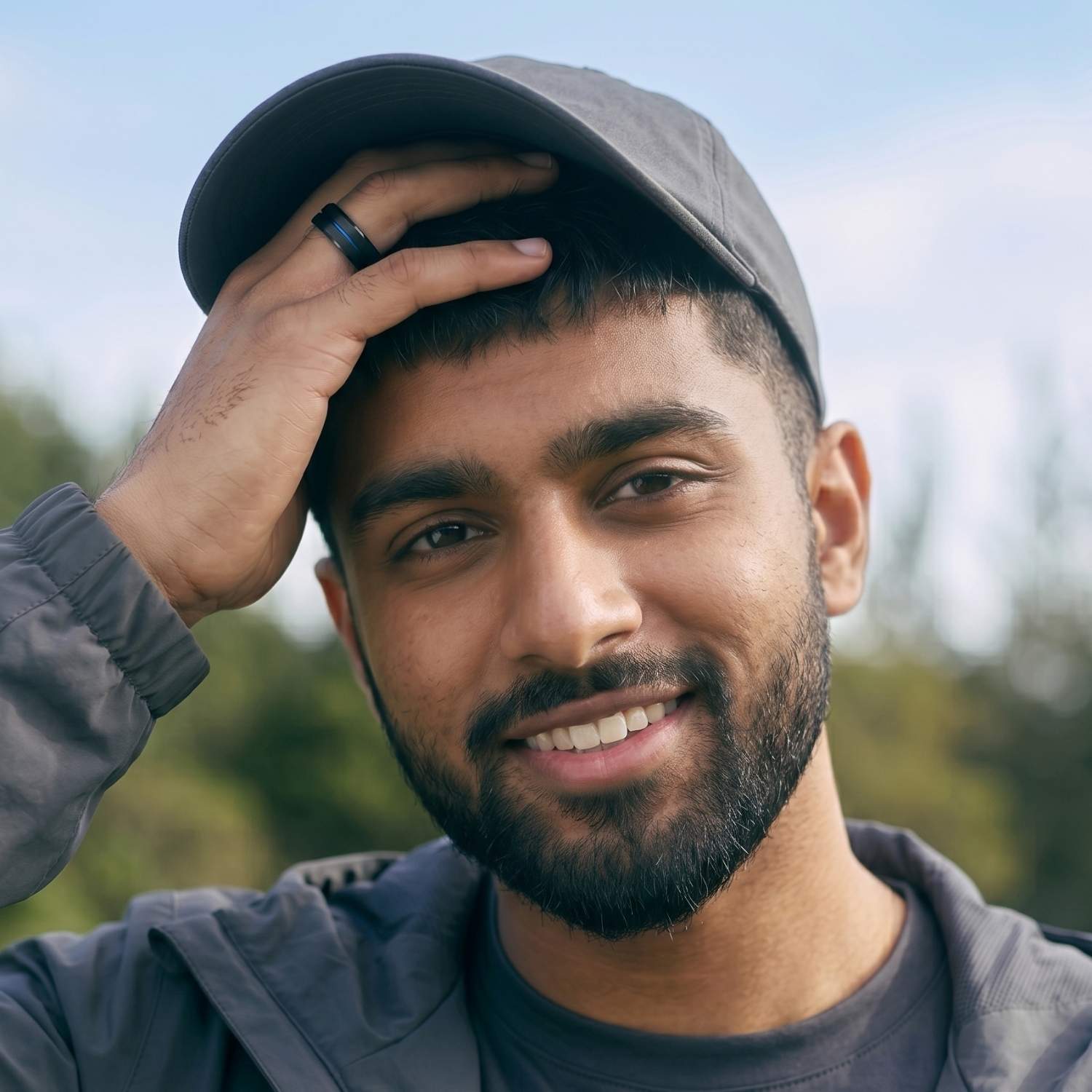 Smiling man wearing the Unswerving men's black titanium ring with a polished blue groove as he lifts his cap and looks into the camera.