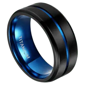 Mens black ring with blue band in the middle. lightweight titanium 6mm or 8mm modern style design