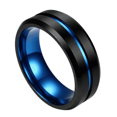 A black titanium ring with polished blue groove and blue interior – mens wedding band, engagement, eternity or promise ring for him with personalised and custom ring engraving.