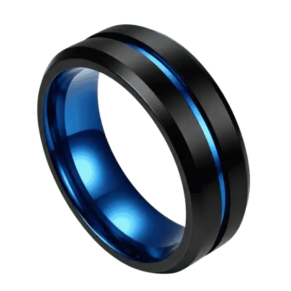 A black titanium ring with polished blue groove and blue interior – mens wedding band, engagement, eternity or promise ring for him with personalised and custom ring engraving.