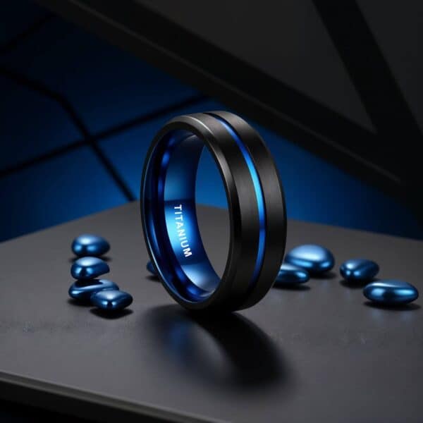 Titanium ring for guys - black and blue band