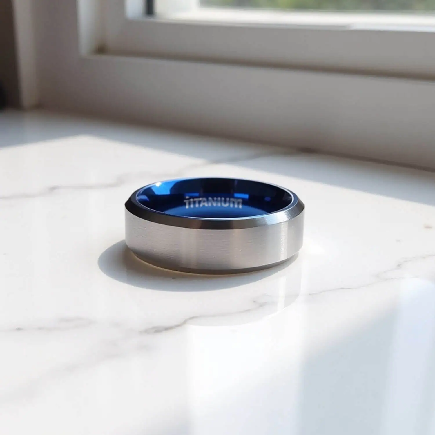 A sleek mens silver titanium ring with a polished blue inside. Perfect as a male wedding band or an engagement ring for men