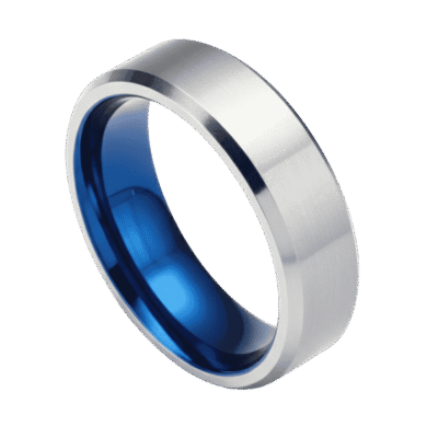A silver titanium ring with matte centre, polished bevelled edges and blue interior – mens wedding band, engagement, eternity or promise ring for him with personalised engraving.