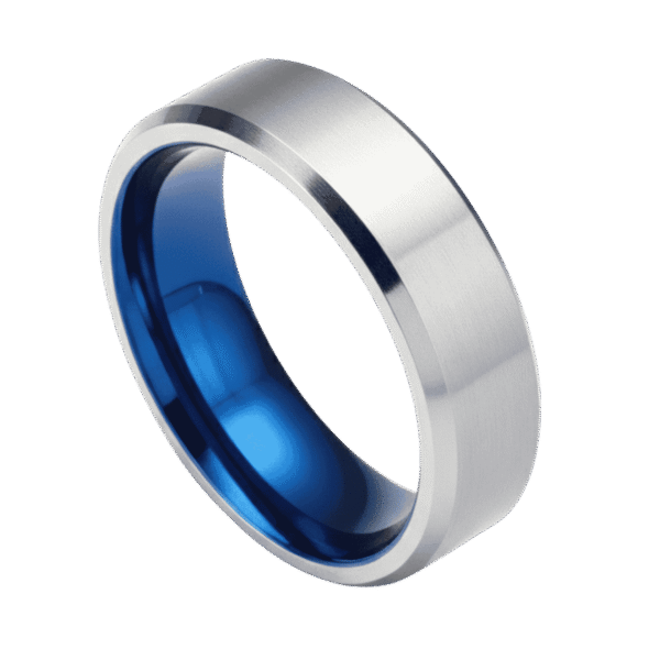 A silver titanium ring with matte centre, polished bevelled edges and blue interior – mens wedding band, engagement, eternity or promise ring for him with personalised engraving.