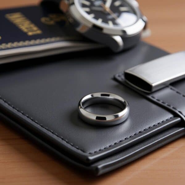 In the style of a traditional male wedding ring, this is a silver mens ring made with titanium. Beautifully lightweight.