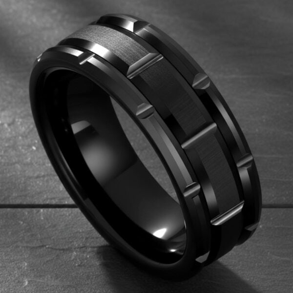 Gents black tungsten fashion ring for him – The Tyrone male statement ring with unique tyre brick pattern design.