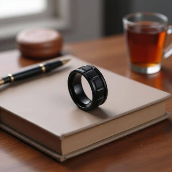 Gents black tungsten eternity ring – The Tyrone fashion ring with bold tyre-inspired pattern and polished edges.