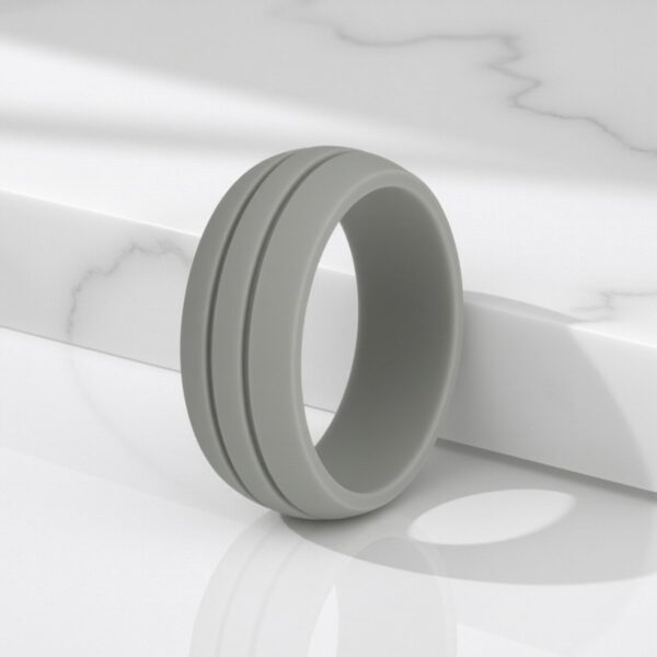 Lightweight light grey flexible silicone ring for him with double grooves. A versatile mens band for use as a gents eternity ring or male engagement ring.