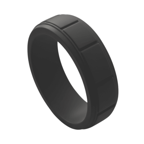 Charcoal grey silicone ring for men with block pattern. A durable mens wedding band, male engagement ring, or gents eternity ring, flexible and stretchy.