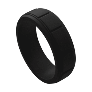 Black silicone ring for men with block pattern. A durable mens wedding band, male engagement ring, or gents eternity ring, flexible and stretchy.
