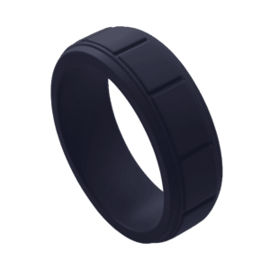 Navy blue silicone ring for men with block pattern. A durable mens wedding band, male engagement ring, or gents eternity ring, flexible and stretchy.