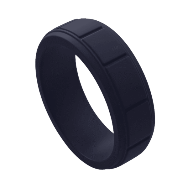 Navy blue silicone ring for men with block pattern. A durable mens wedding band, male engagement ring, or gents eternity ring, flexible and stretchy.