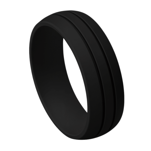 Black silicone ring for men with double grooves. Ideal as a mens wedding band, male engagement ring, or gents eternity ring, flexible and stretchy