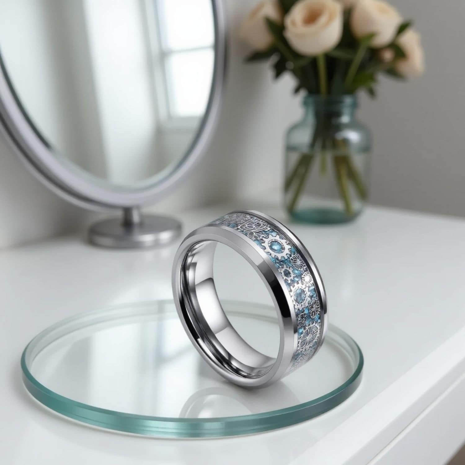 Carbon fibre man’s ring with cogwheel design in a silver tungsten band, suitable as a male wedding band.