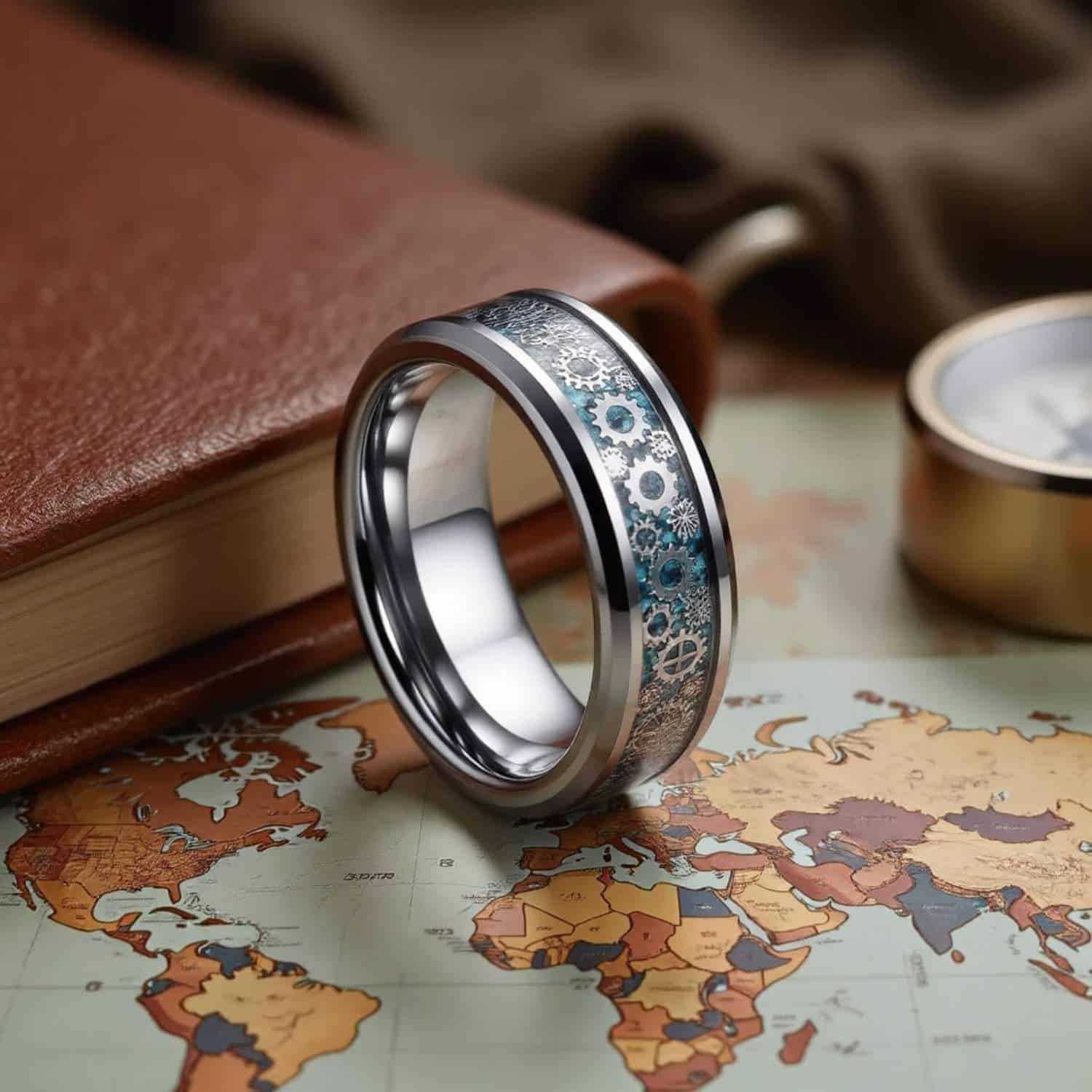 Cogwheel ring for guys featuring blue carbon fibre detailing, suitable as a men’s eternity ring.