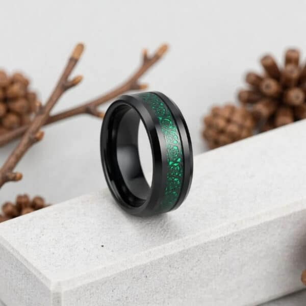 Black and Green Mens Wedding Band / Engagement Ring. Made with tungsten and carbon fibre