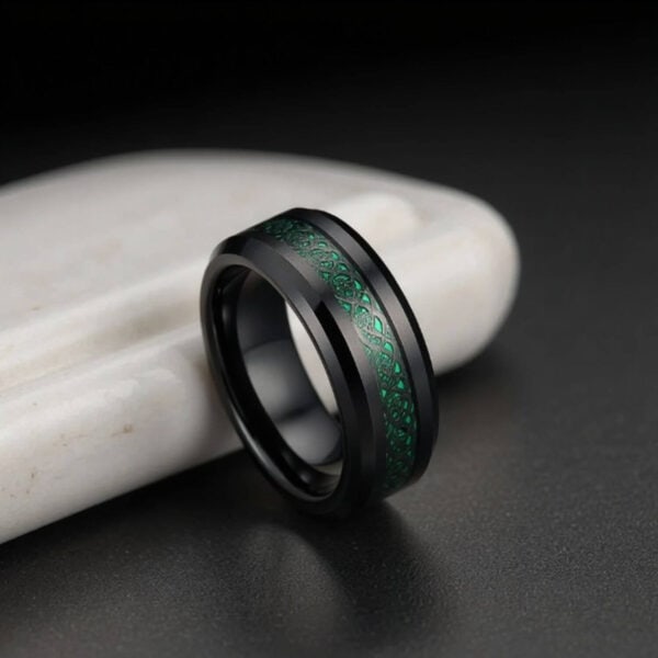 Striking mens black tungsten band with green carbon fibre inlay