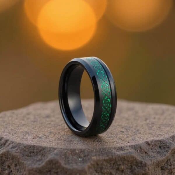 A stunning mens wedding band. Featuring a black tungsten ring for men with a centre section made with carbon fibre.