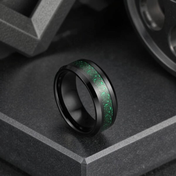 Black with Green Mens Tungsten Ring featuring a Carbon Fibre Inlay